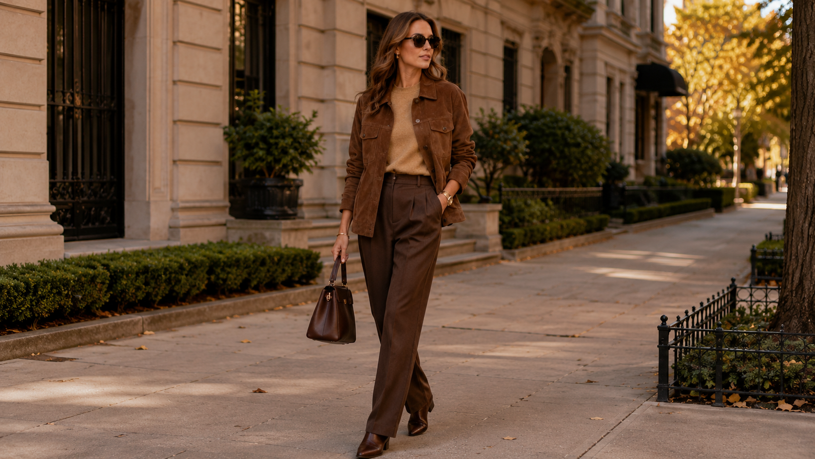 Tonal Monochrome Brown Suede Jacket with Camel Crewneck and Espresso Trousers Fall Outfit